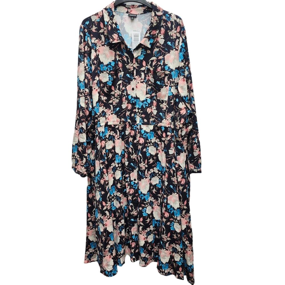 Torrid Midi Dress Womens 6X Black Floral Elastic Waist Button Up Long Sleeves